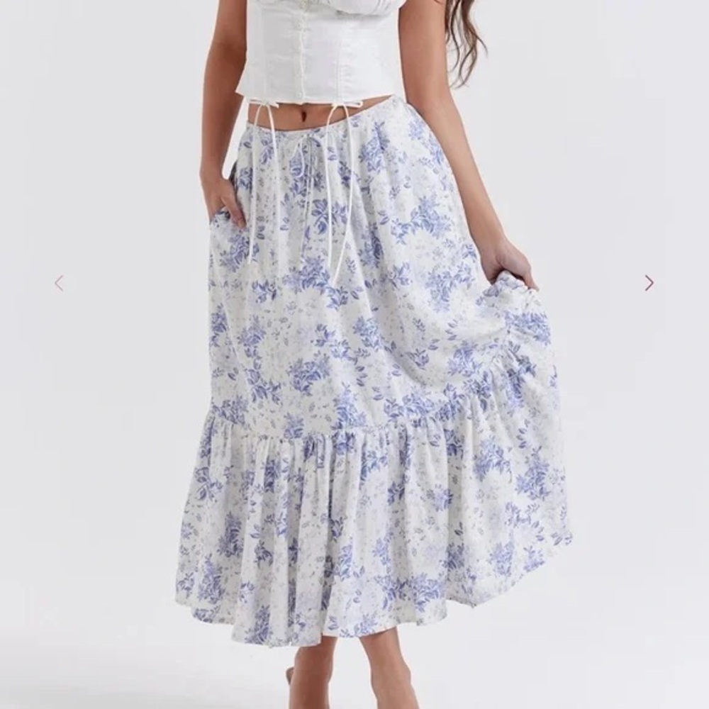 House of CB Blue and White Floral Midi Skirt